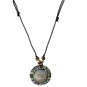 Handmade Abalone Shell Pendant Necklace Wood Beads Cord Boho Beach Core Jewelry